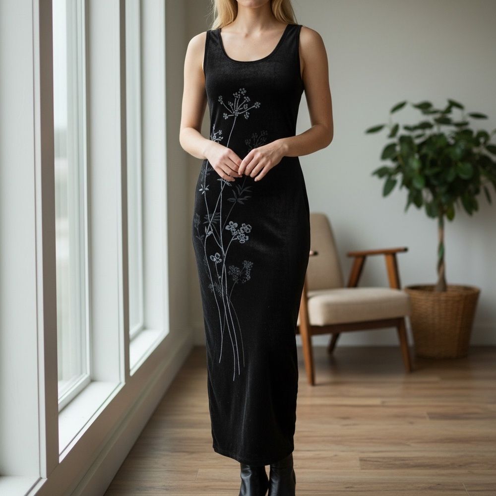 Karen Kane Black Aquamarine Maxi Dress Velvet Floral Graphic